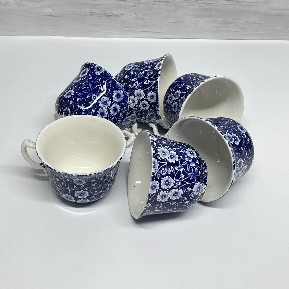 Vintage Crownford Staffordshire Blue Calico Lot Of 6 Teacups England‎ Ironstone